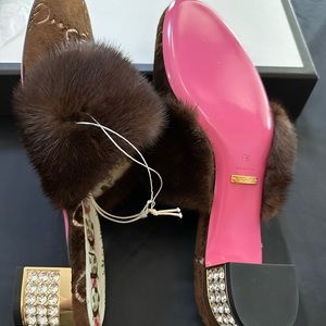 Gucci Signature Fur Mules with Rhinestones -Size 38